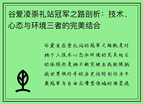 谷爱凌崇礼站冠军之路剖析：技术、心态与环境三者的完美结合